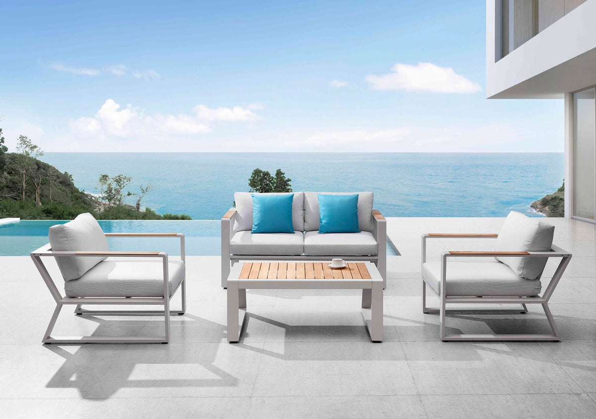 Exy Mini beige aluminum patio loveseat set with teak coffee table – shown outdoors (3)