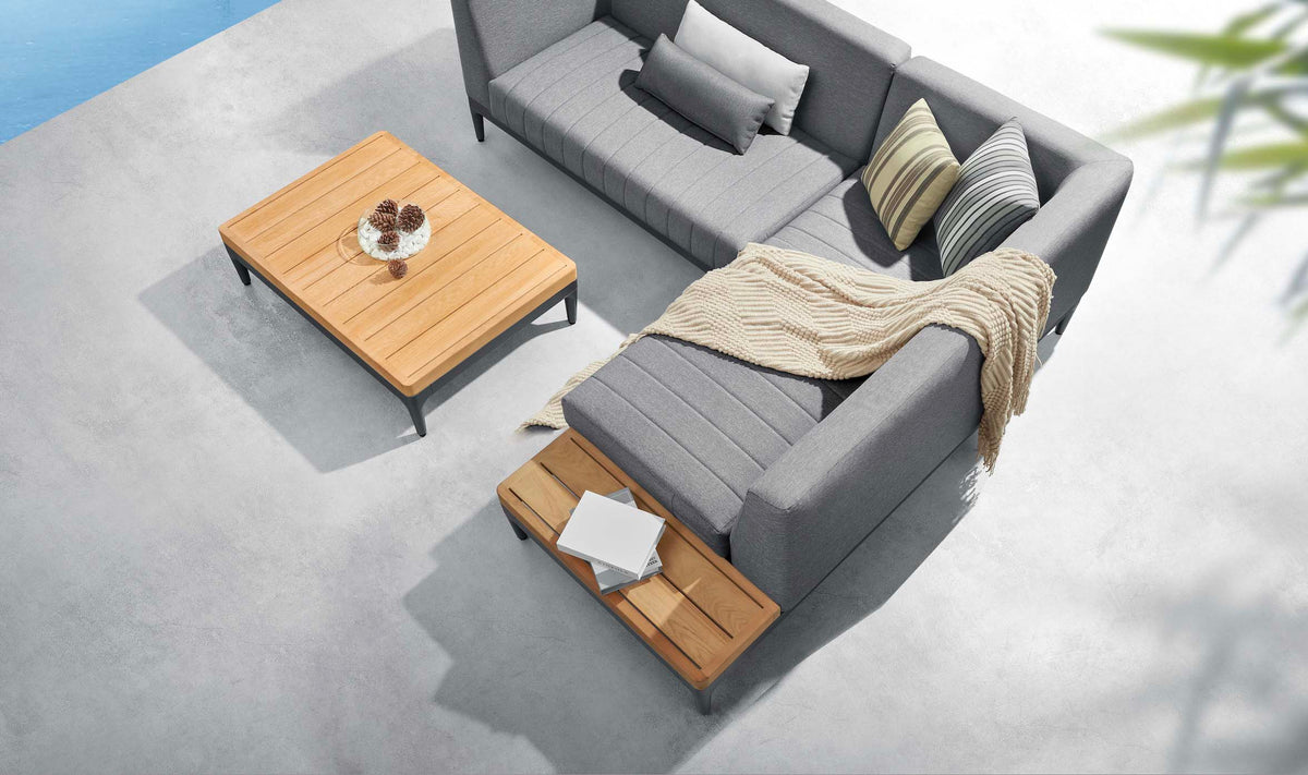 Sira Mini compact anthracite aluminum and teak outdoor sectional – shown outdoors (4)