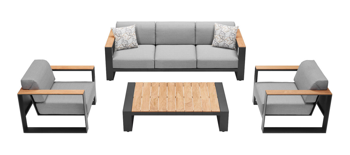 Sofy anthracite aluminum and teak sofa set with solid teak armrests – multiple views