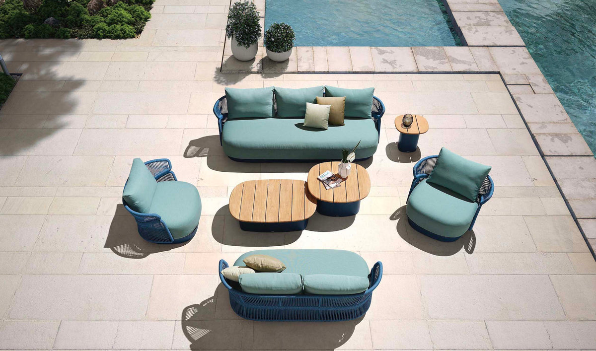 Laska XL 7-seat blue rope modular patio set with teak-top tables – shown outdoors (4)