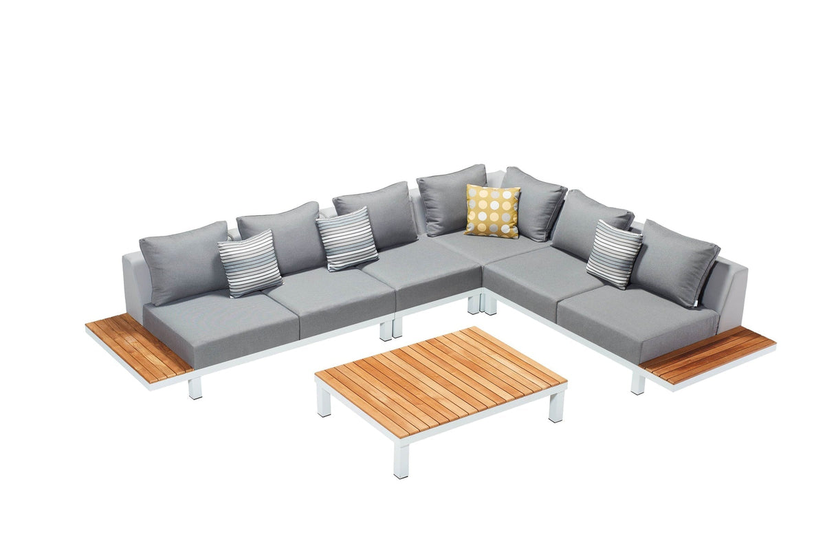 Orsy white aluminum corner lounge set with teak side tablets and teak coffee table