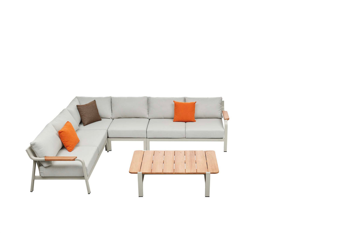 Viscounti cream aluminum and teak corner sofa with openwork backs