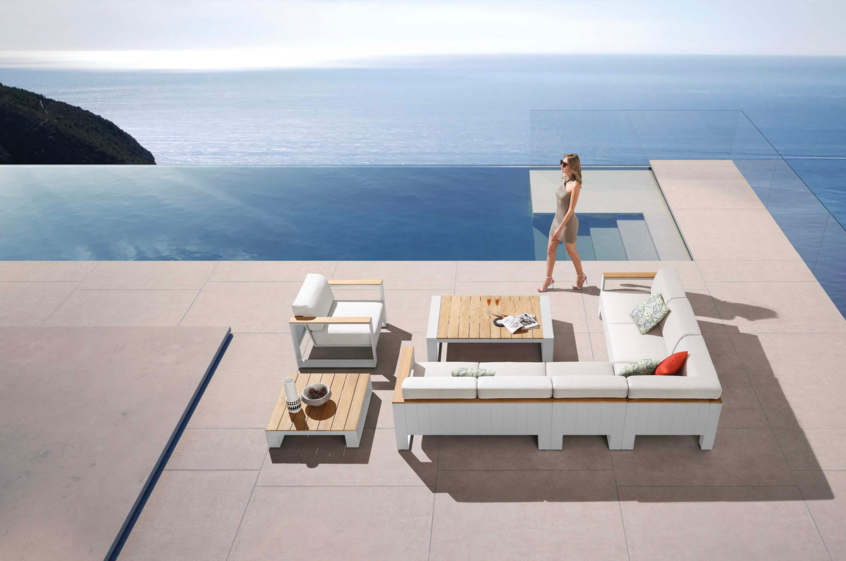 Sofy white aluminum and teak modular outdoor sectional – shown outdoors (4)
