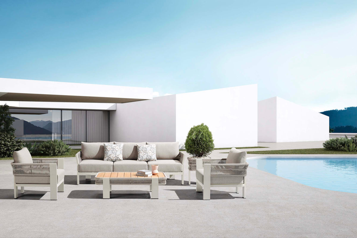 Olby beige rope patio sofa set with teak-top coffee table – shown outdoors (5)