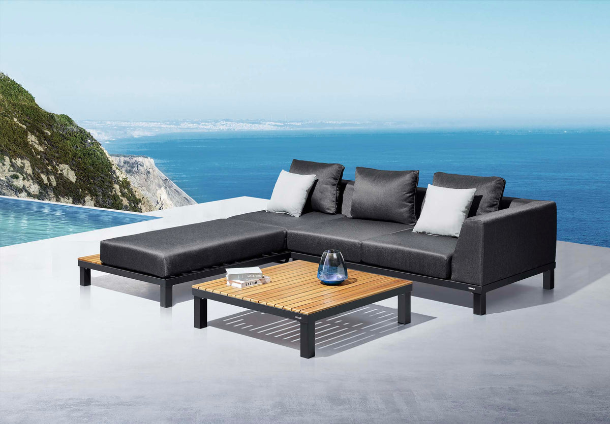 July aluminum and teak lounge set with chaise and teak coffee table – shown outdoors (4)