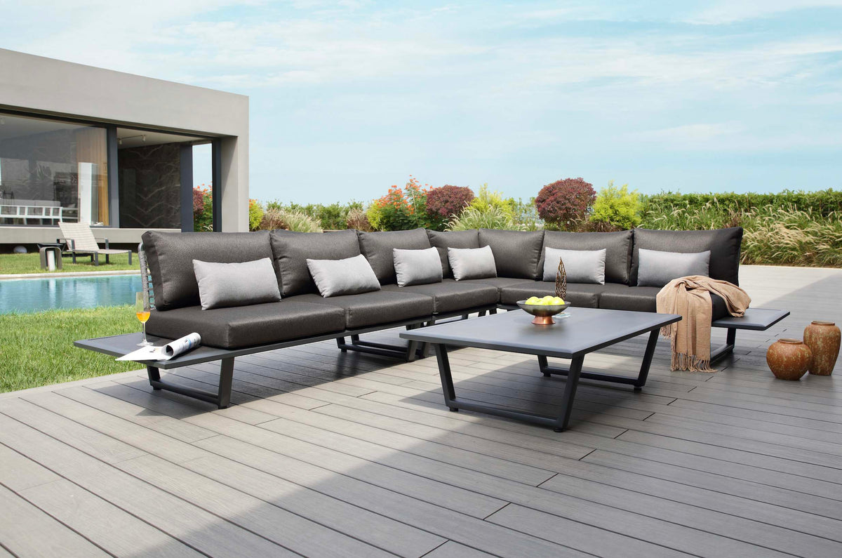 Sophia black aluminum and rope corner sofa set with marble-effect details – shown outdoors
