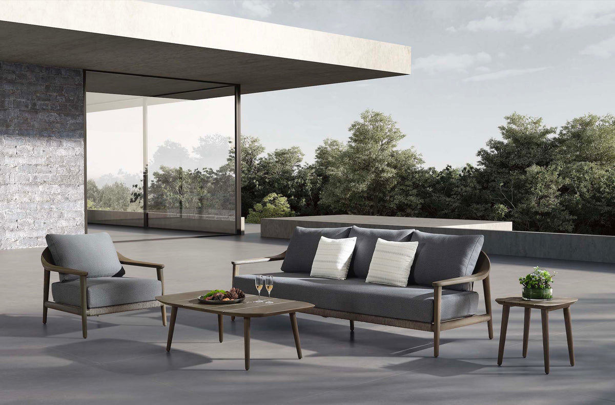 Come Bis solid teak outdoor furniture set with 3-seat sofa and rope seats – shown outdoors (4)