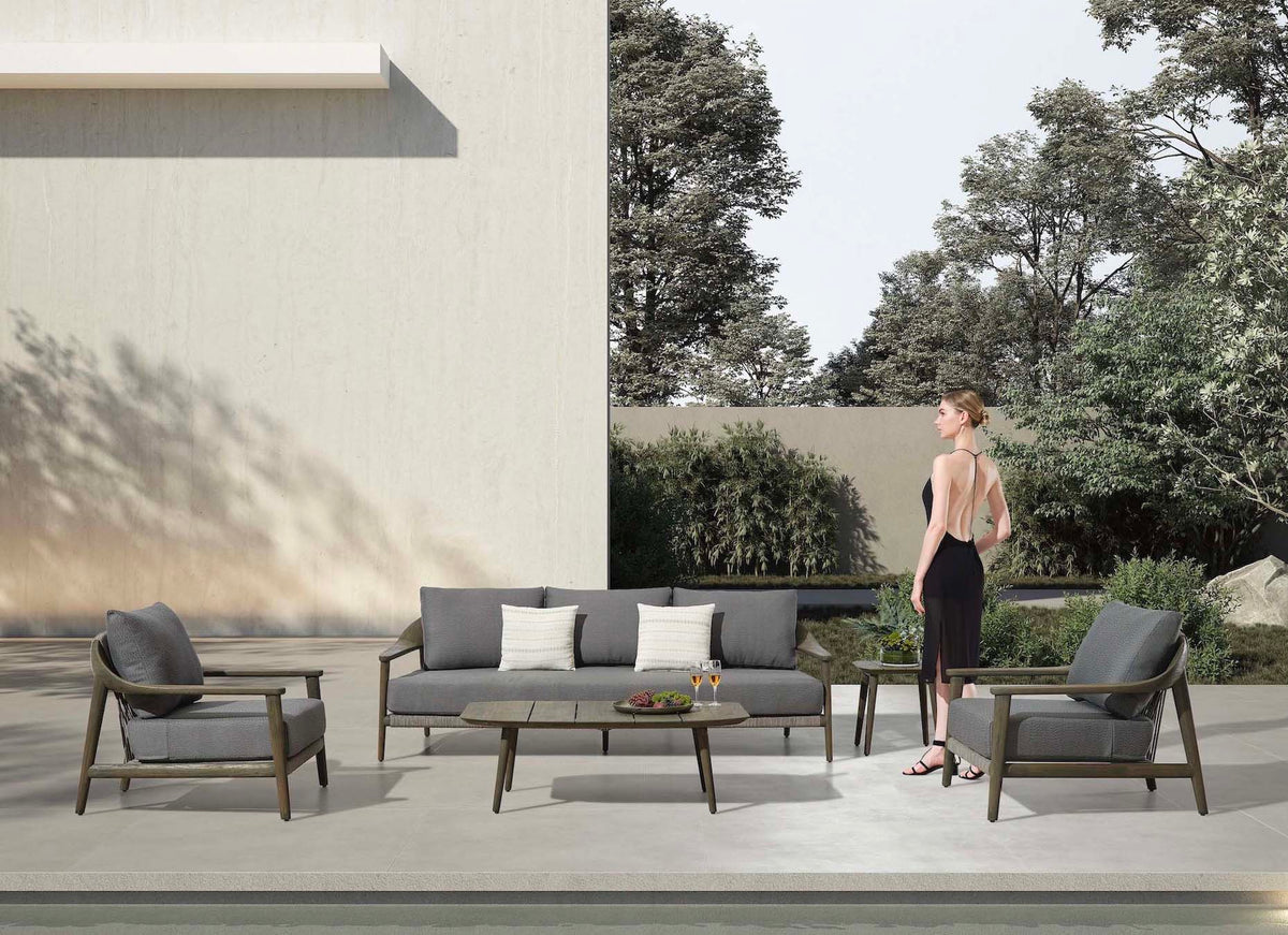 Come Bis solid teak outdoor furniture set with 3-seat sofa and rope seats – shown outdoors (3)