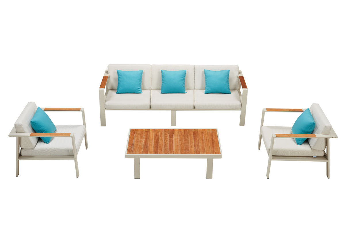 Noffy Plus 5-seat aluminum patio set with beige olefin cushions – multiple views