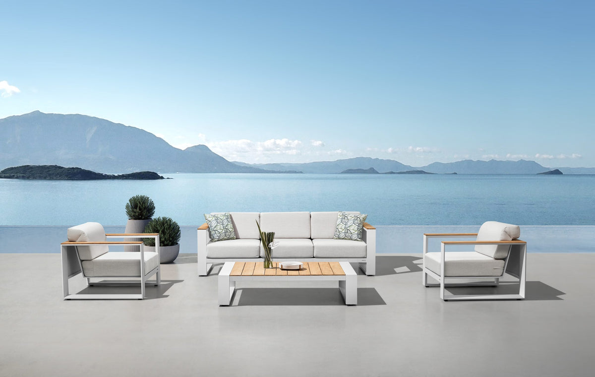 Sofy white aluminum and teak sofa set – shown outdoors (3)
