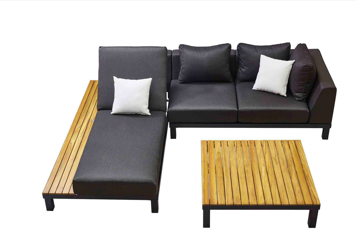 July aluminum and teak lounge set with chaise and teak coffee table