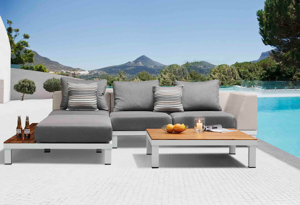 Orsy Mini white aluminum and teak 2-in-1 patio lounge set with sunbed – shown outdoors (4)