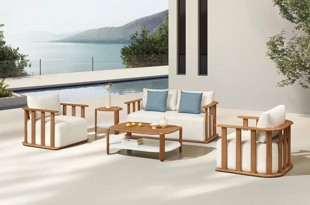 Roma 4-seat solid teak patio set with slatted palisade backs – shown outdoors (3)