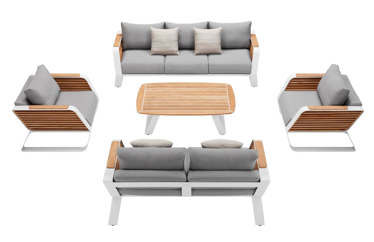 Aily XL 7-seater modular aluminum outdoor lounge set with teak coffee table – multiple views
