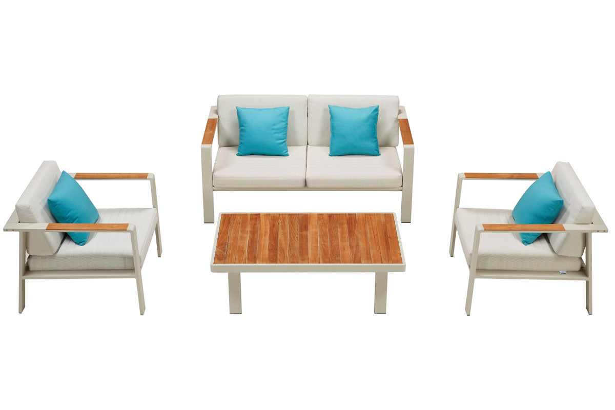 Noffy 4-seat aluminum and teak conversation set – multiple views