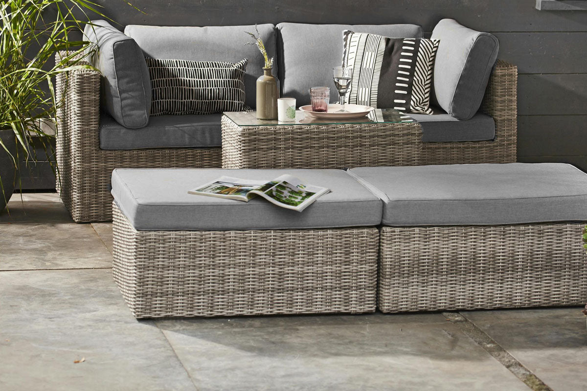 Jade convertible resin wicker sectional in dark gray gradient with poufs – shown outdoors (3)