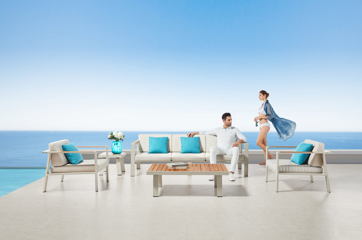 Noffy Plus 5-seat aluminum patio set with beige olefin cushions – shown outdoors (4)