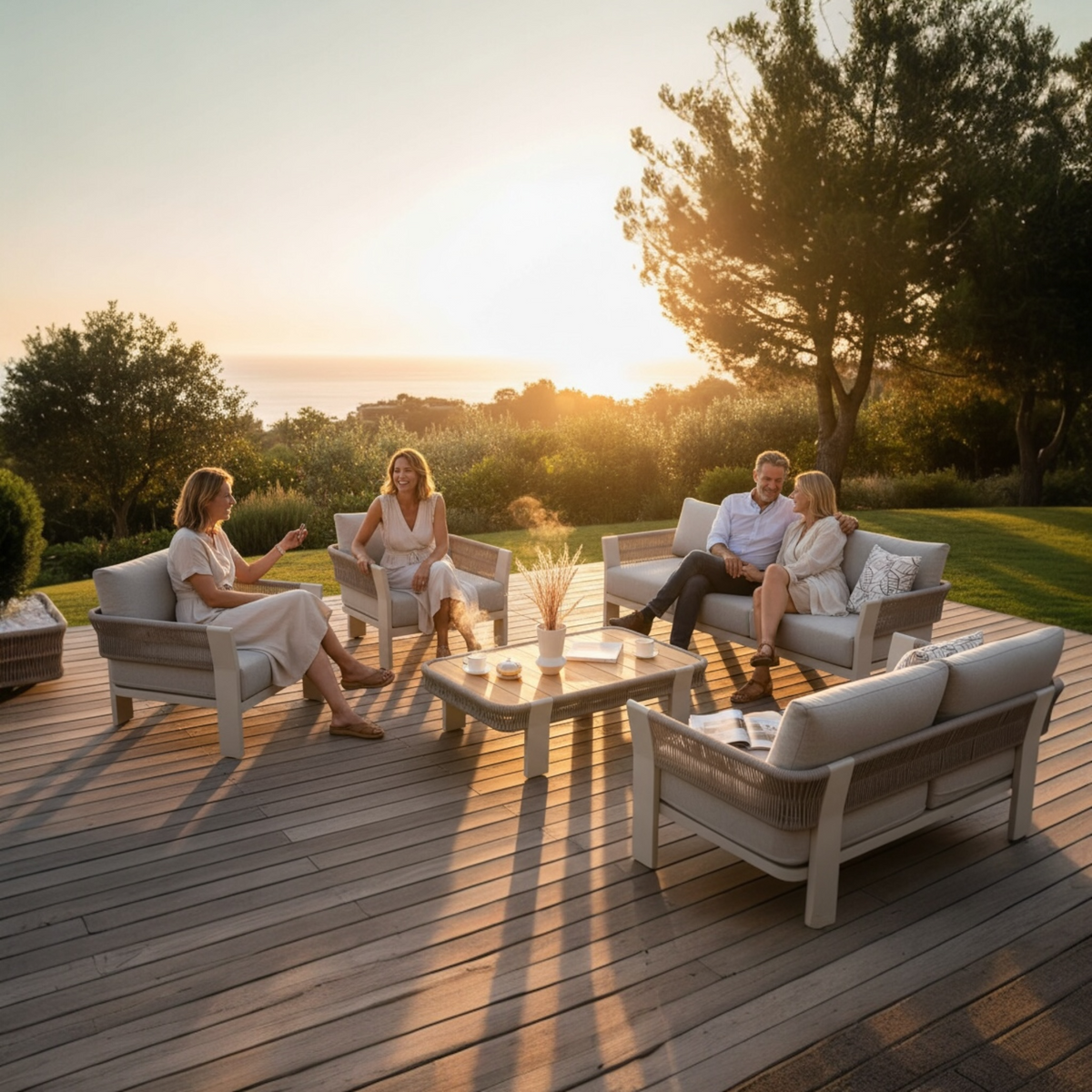 Olby XL 7-seat rope patio sofa set with teak coffee table – shown outdoors (3)