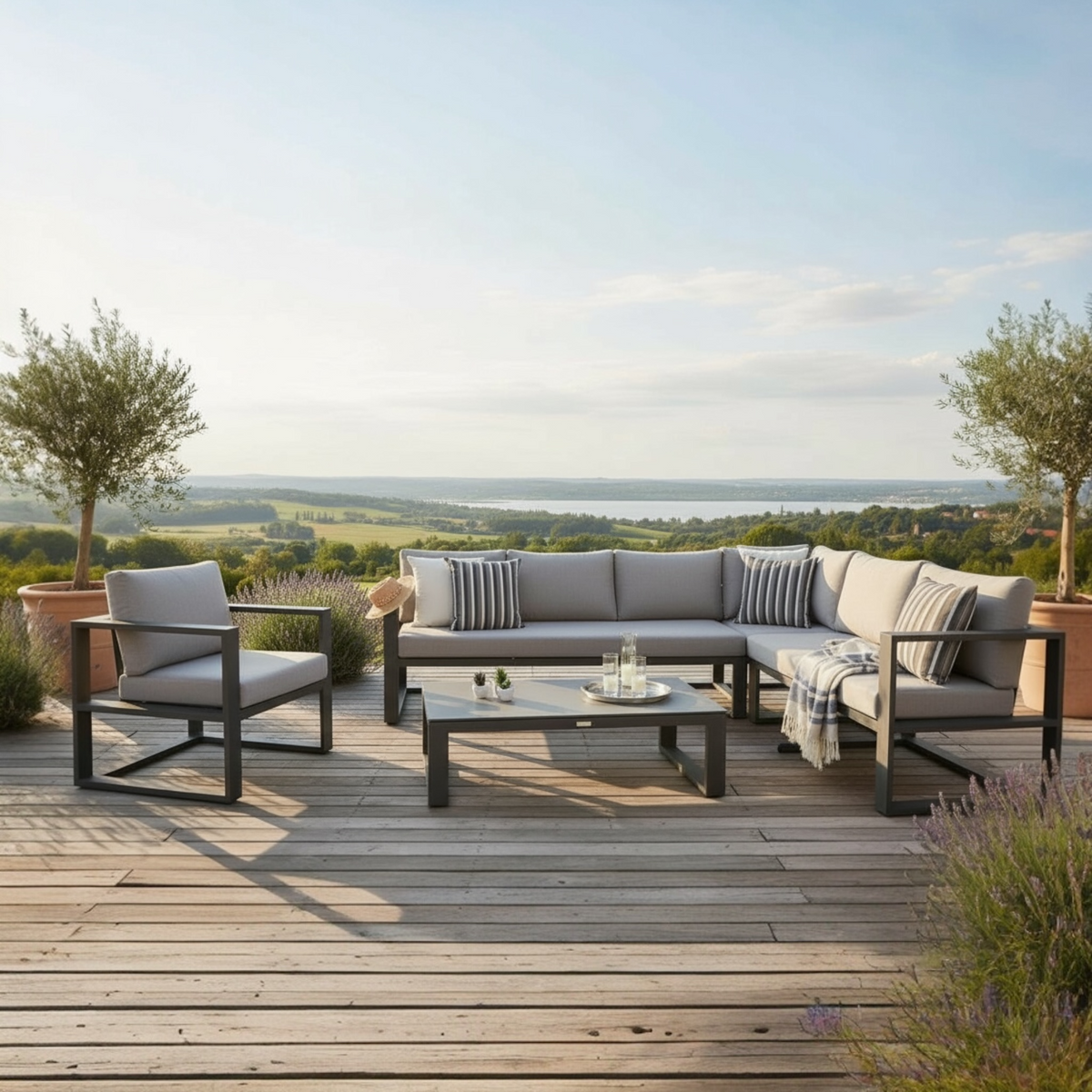 Belly black aluminum sectional corner chair – shown outdoors
