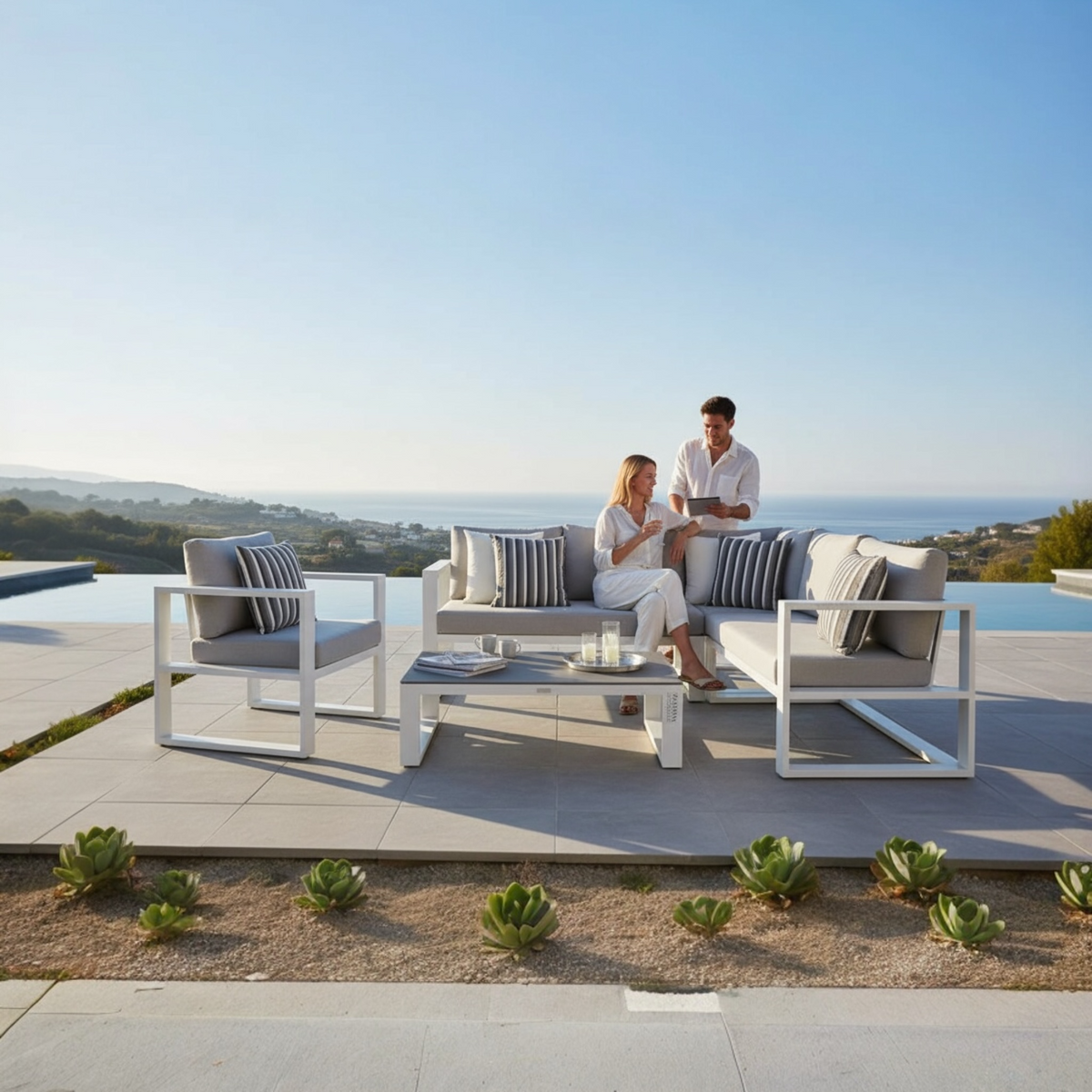 Belly Mini compact aluminum outdoor sectional with tinted glass table – shown outdoors