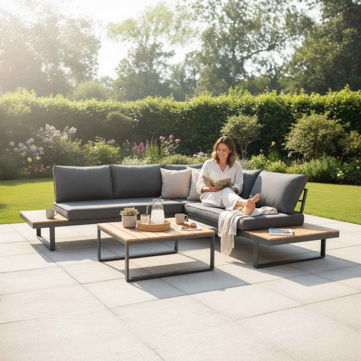 Stacy anthracite aluminum corner patio set with wood-look table – shown outdoors (2)