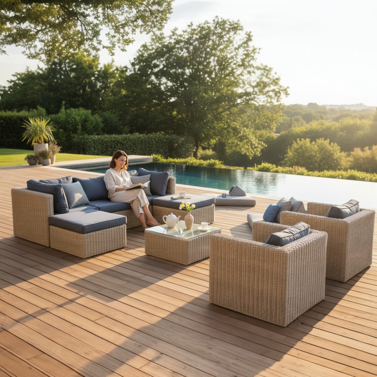 Liberty Chic 7-seat modular resin wicker sectional with poufs – shown outdoors