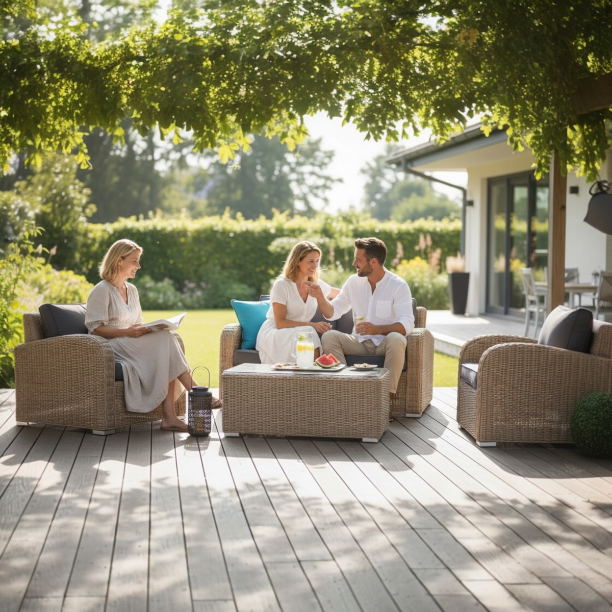 Tara curved resin wicker outdoor armchair – shown outdoors (2)