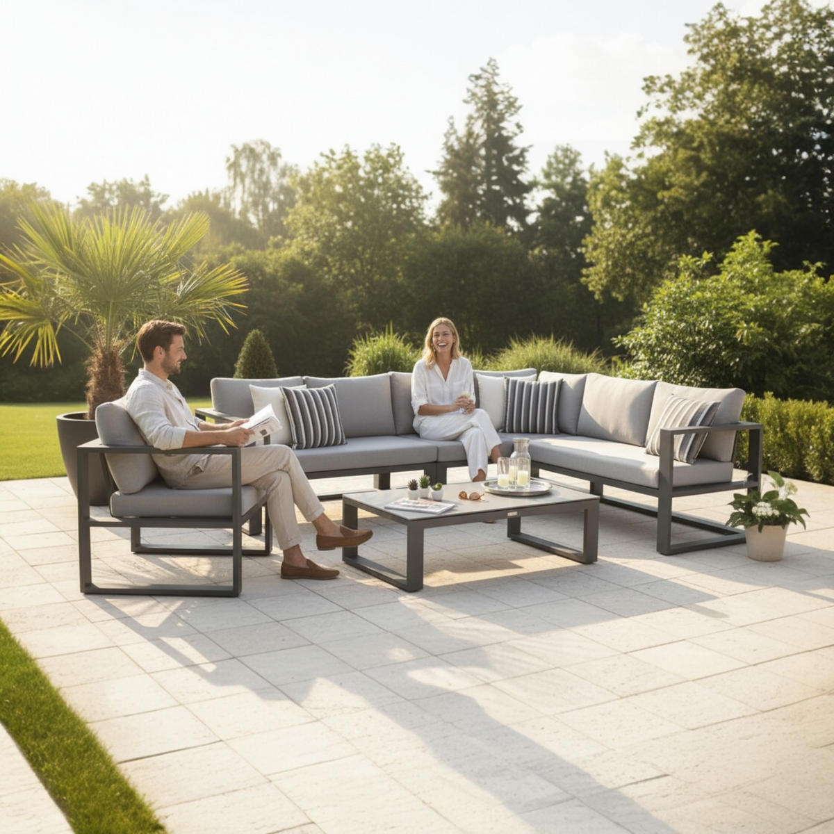 Belly black aluminum outdoor armless chair module – shown outdoors