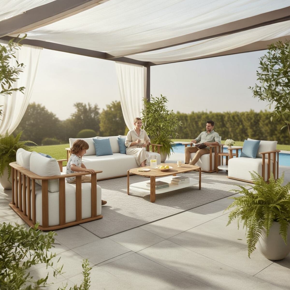 Roma XL 7-seat solid teak patio set with slatted palisade design – shown outdoors (2)
