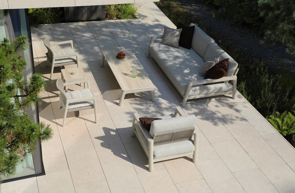 Matia convertible aluminum and rope outdoor sofa set in neutral tones – shown outdoors (3)