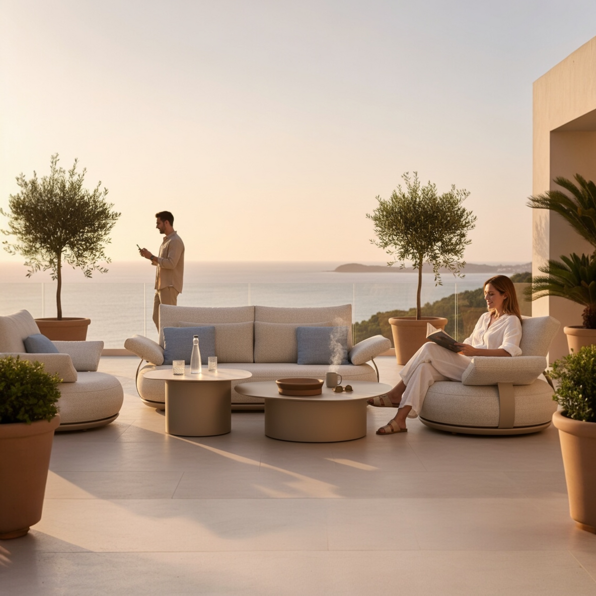 Elyo 4-seat beige curved aluminum outdoor sofa set – shown outdoors (3)