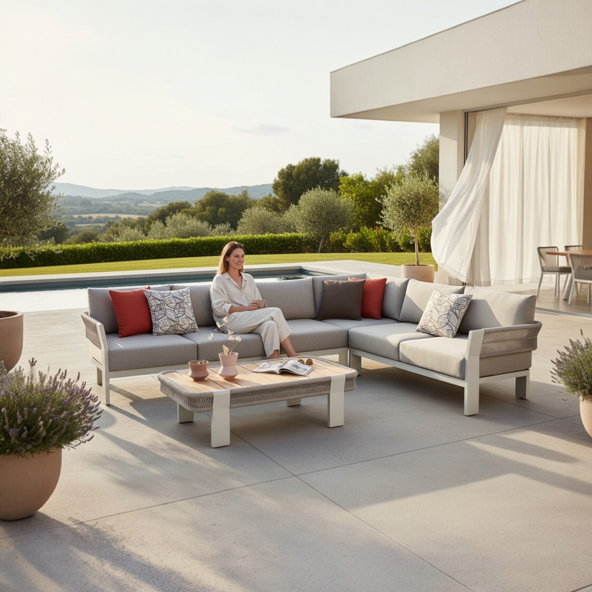 Olby braided rope outdoor corner sofa with teak coffee table – shown outdoors (3)