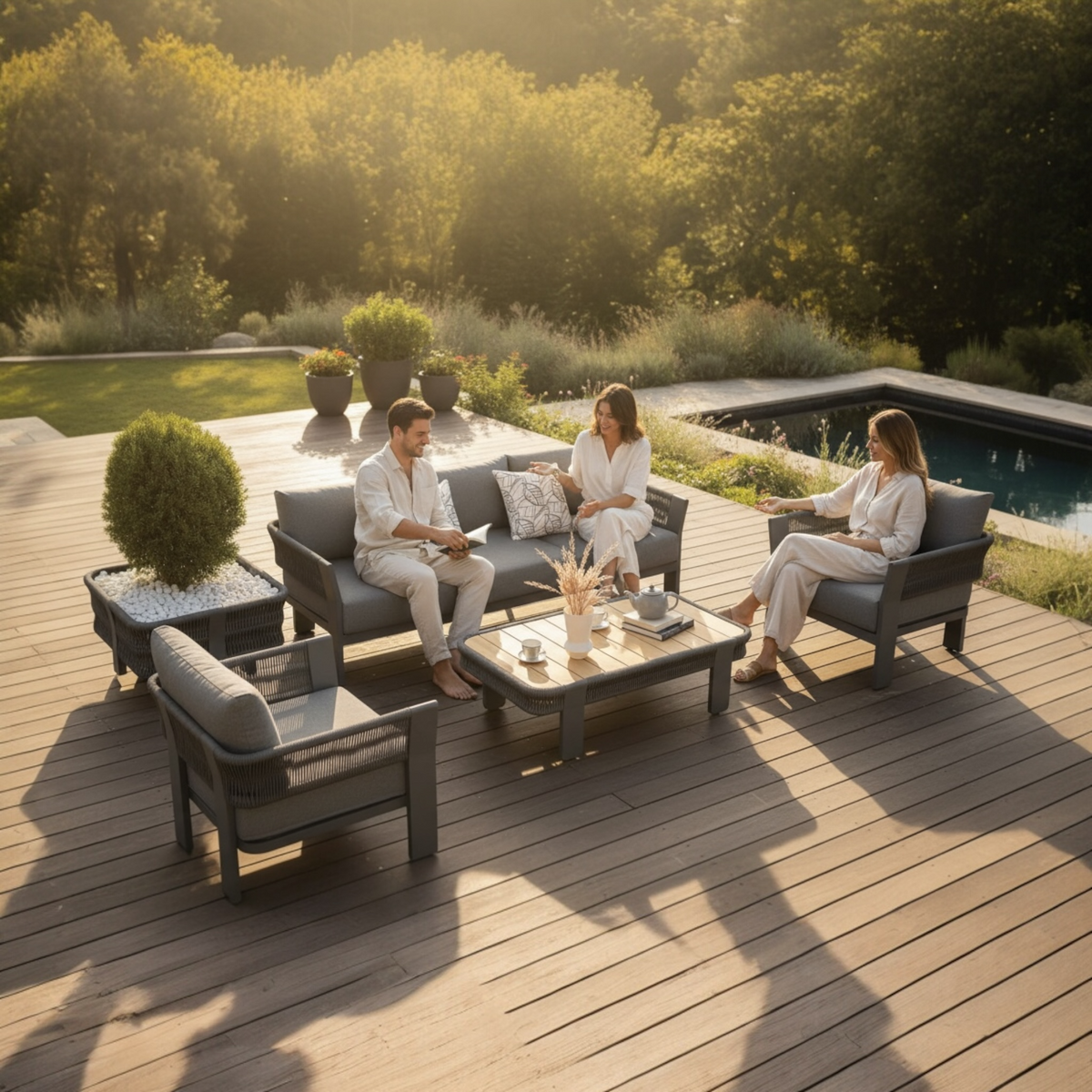 Olby black rope patio sofa set with teak-top coffee table – shown outdoors (3)