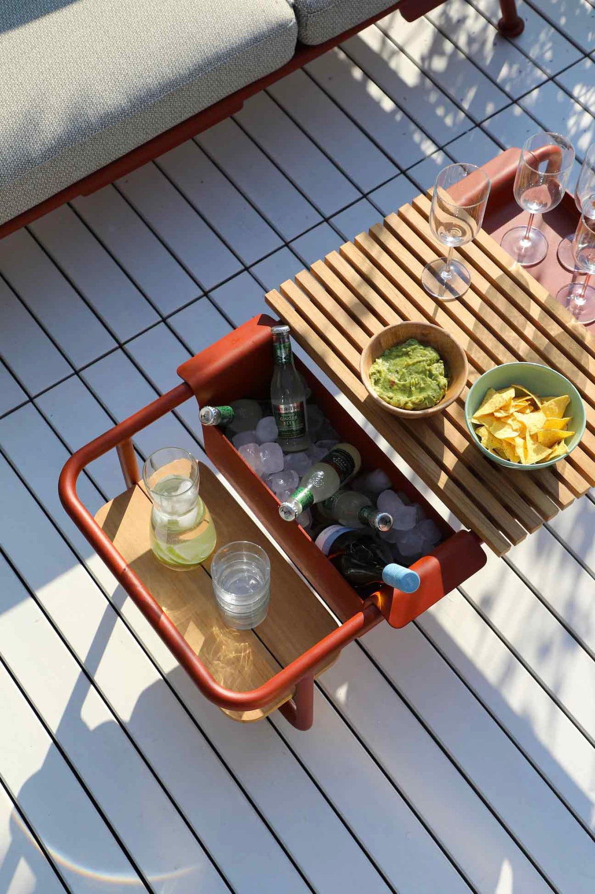 Sunny red convertible aluminum outdoor sofa lounger – shown outdoors (7)