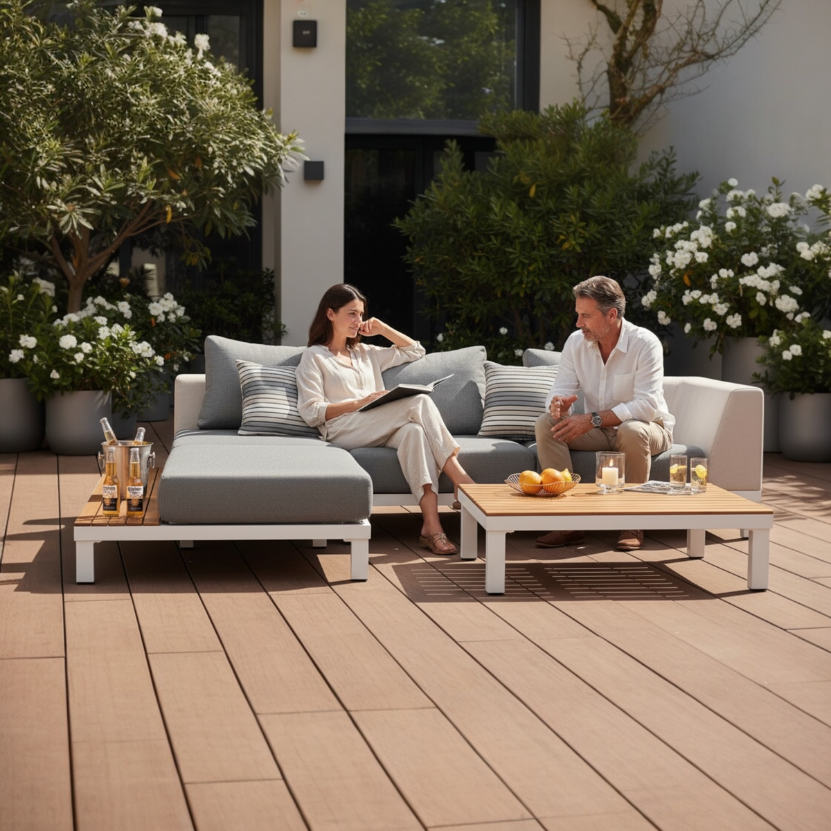 Orsy Mini white aluminum and teak 2-in-1 patio lounge set with sunbed – shown outdoors (3)