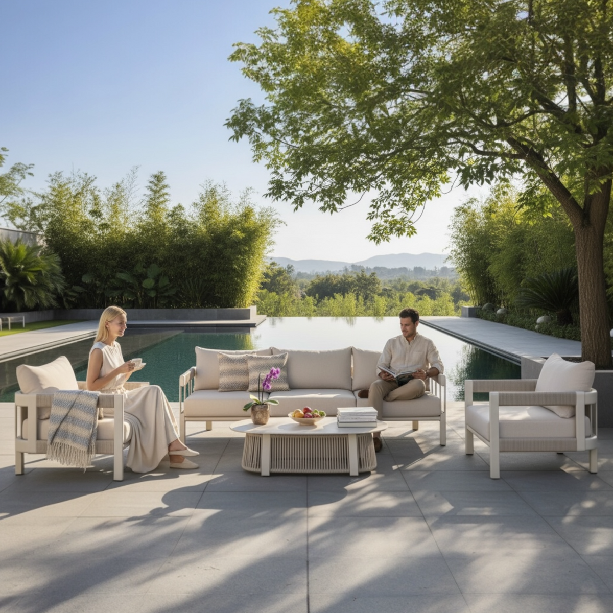 Milan beige aluminum and rope patio set with ceramic coffee and side tables – shown outdoors