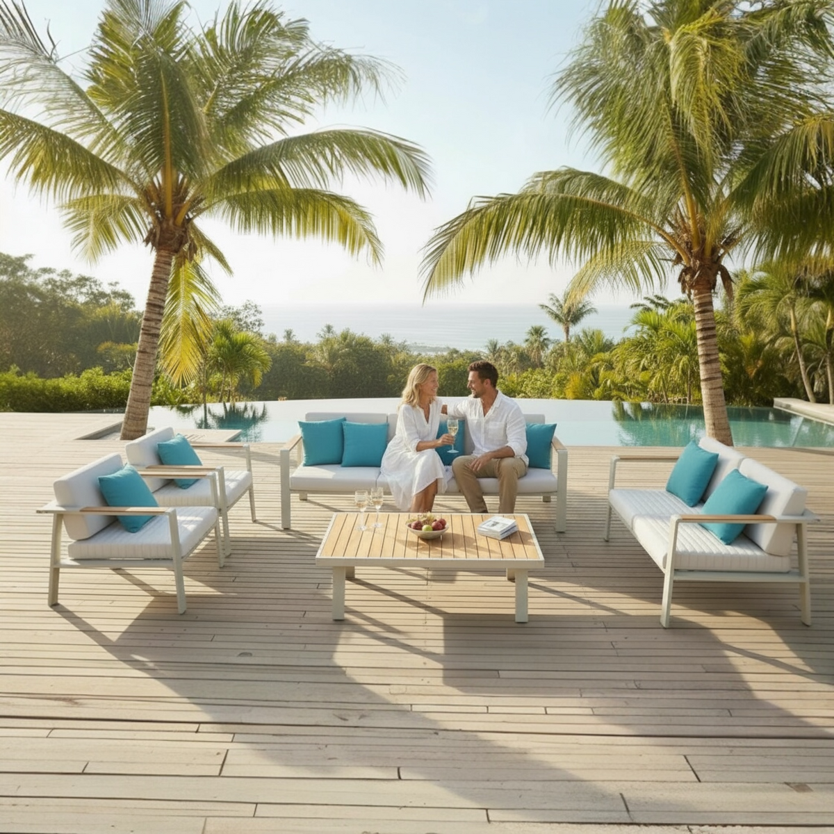 Noffy XL 7-seat aluminum sofa set with beige cushions and teak coffee table – shown outdoors