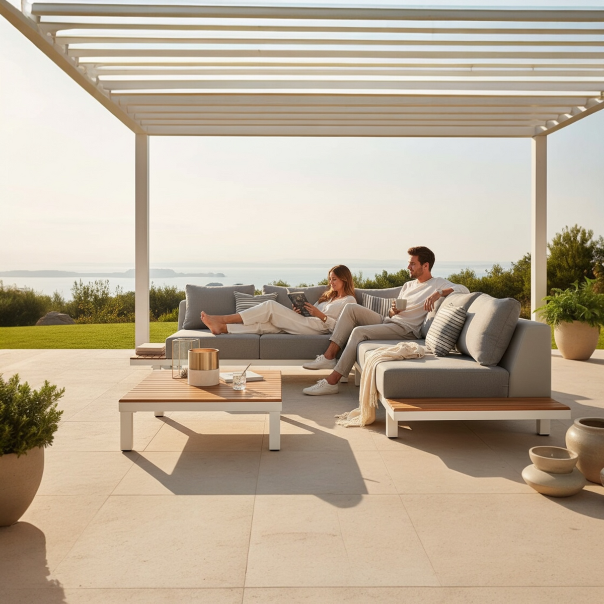 Orsy white aluminum corner lounge set with teak side tablets and teak coffee table – shown outdoors