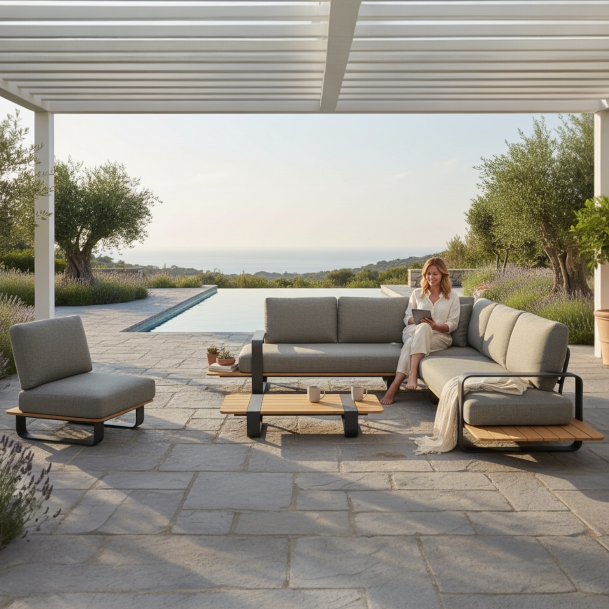 Romeo beige aluminum outdoor sectional with sculpted teak armrests – shown outdoors (4)