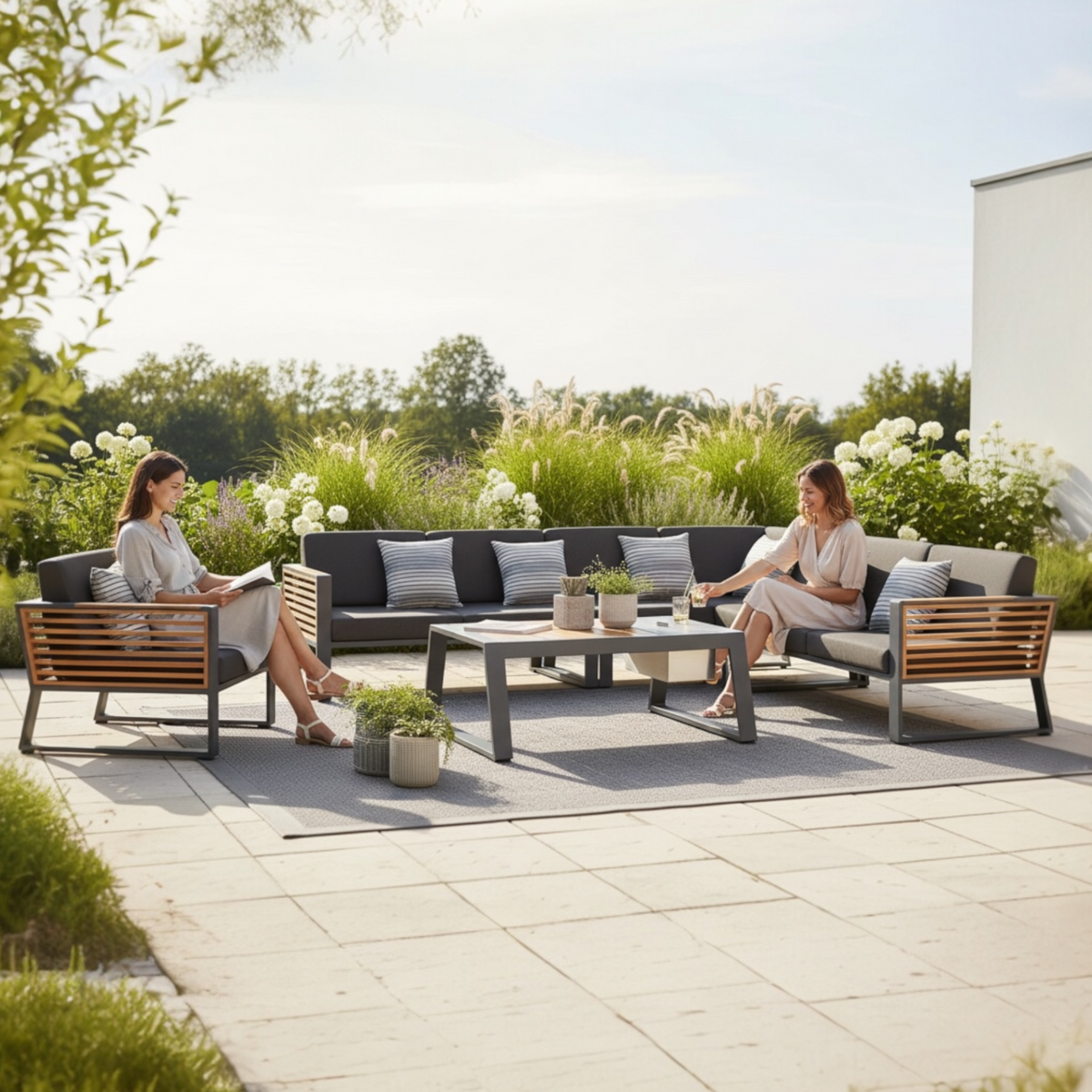 Cofy aluminum and teak outdoor sectional with drink cooler coffee table – shown outdoors