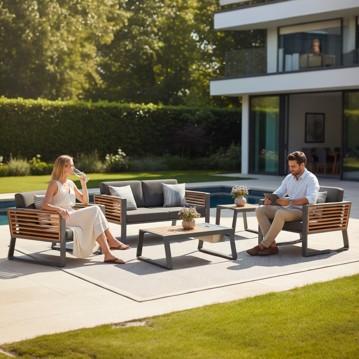 Cofy Mini black aluminum loveseat patio set with teak cooler coffee table – shown outdoors (2)