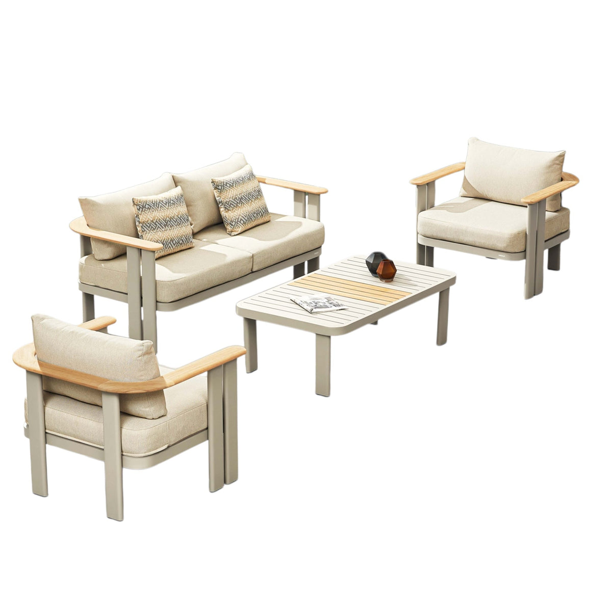 Elon 4-seat aluminum patio conversation set with padded cushions – multiple views