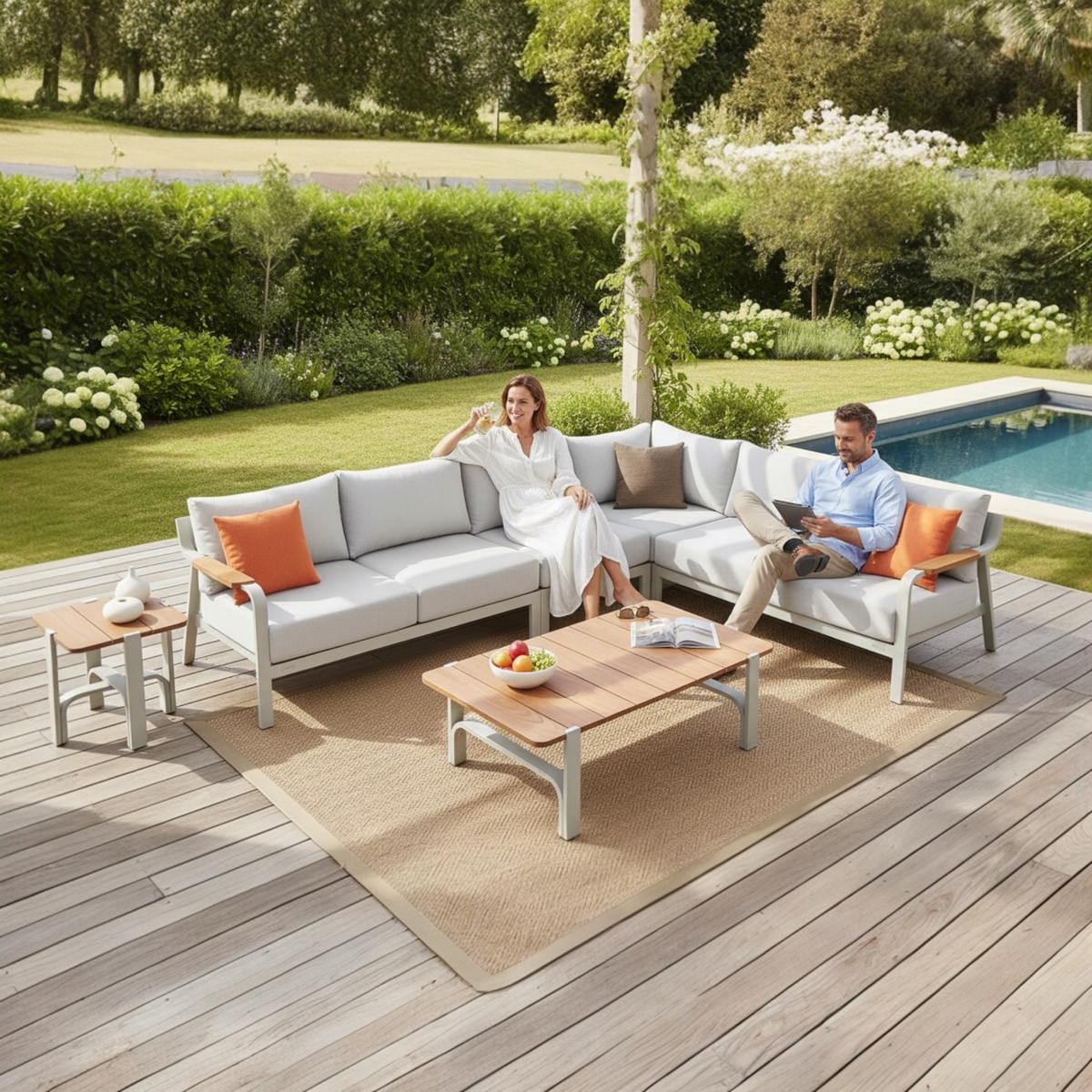 Viscounti cream aluminum and teak corner sofa with openwork backs – shown outdoors