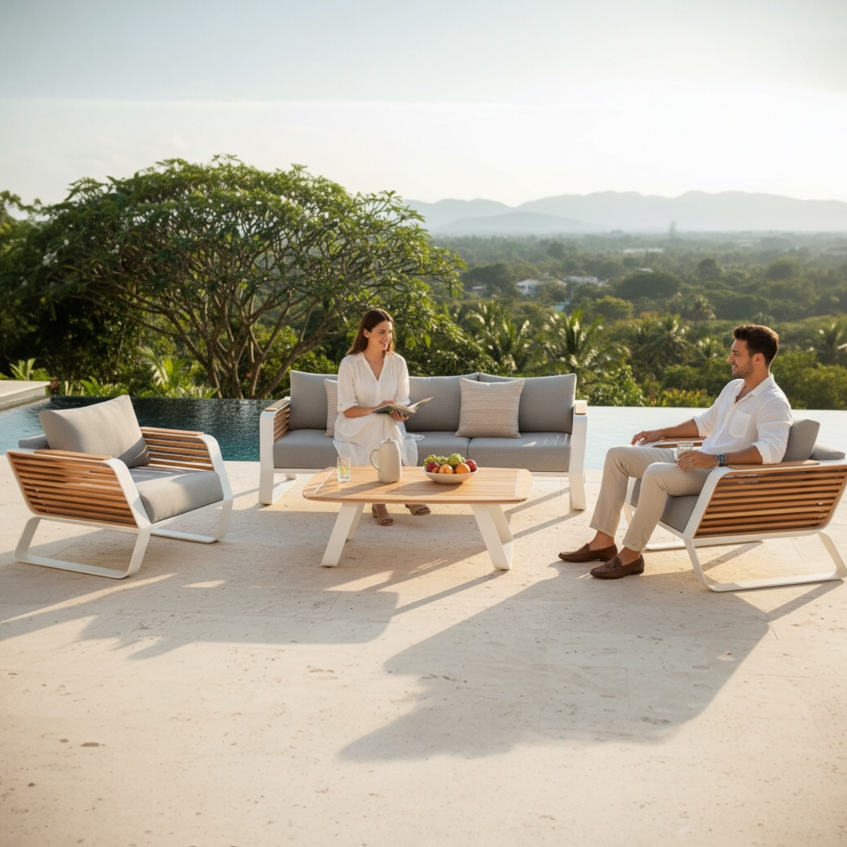 Aily Bis aluminum and teak patio set with 3-seat sofa and two armchairs – shown outdoors (2)