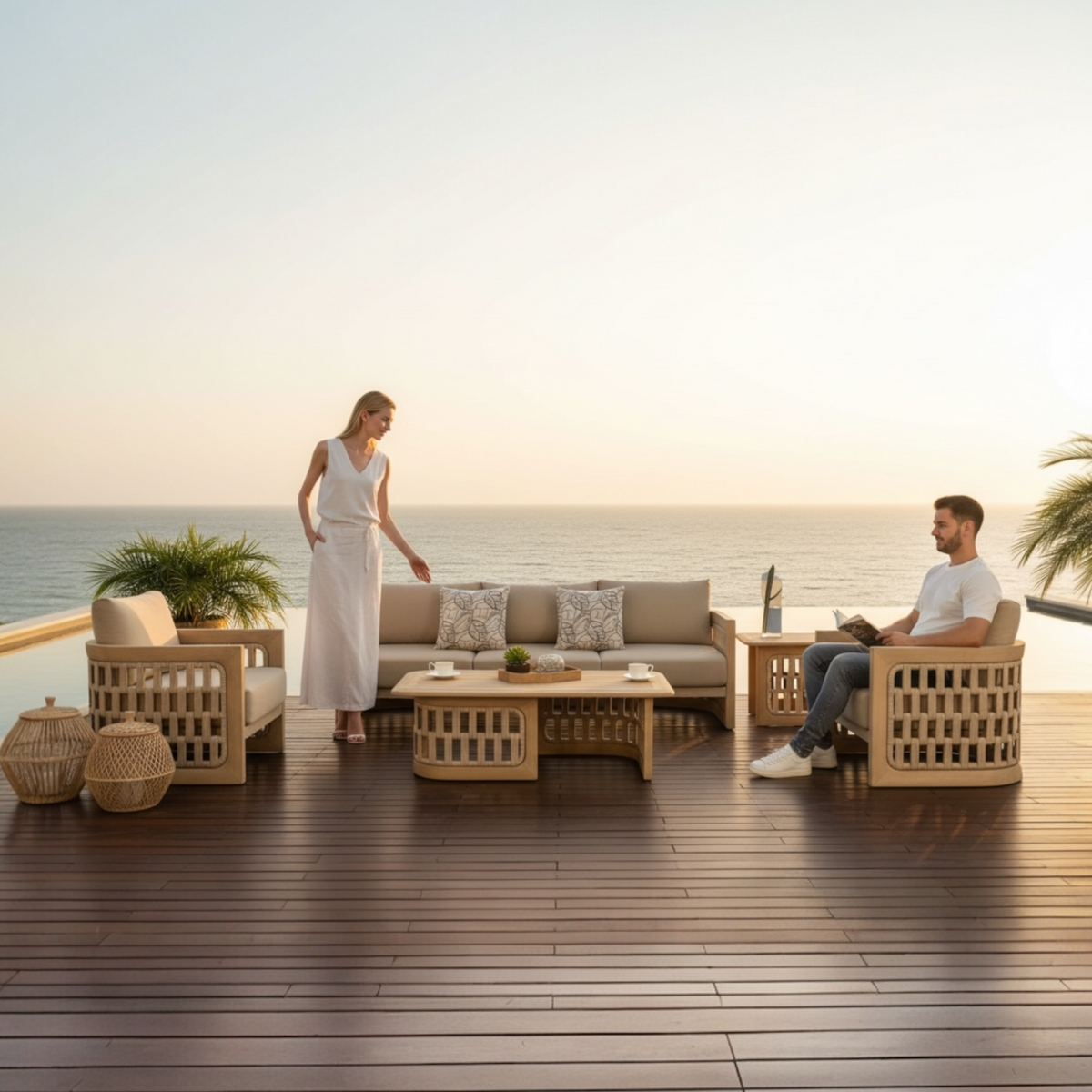 Palma solid teak and rope outdoor coffee table – shown outdoors (2)
