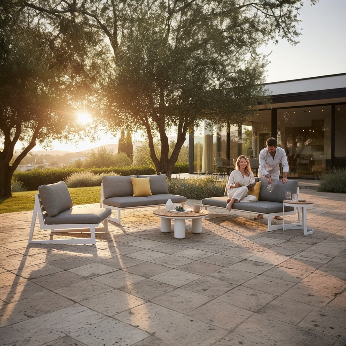 Leo white aluminum patio set with gray olefin cushions and round teak coffee table – shown outdoors (3)