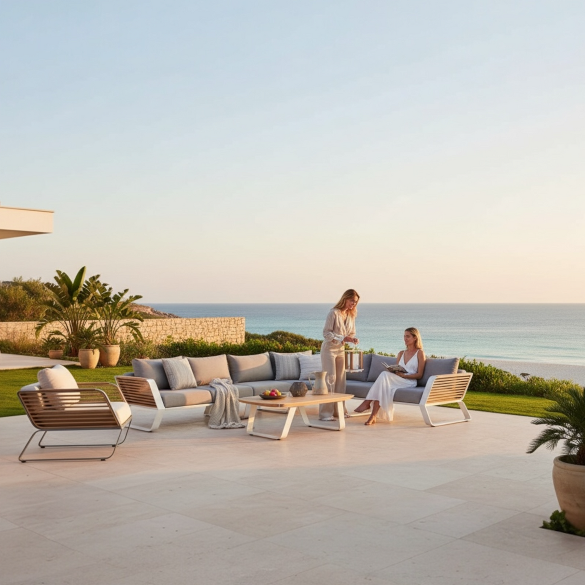 Aily L-shaped aluminum and teak outdoor sectional – shown outdoors (2)