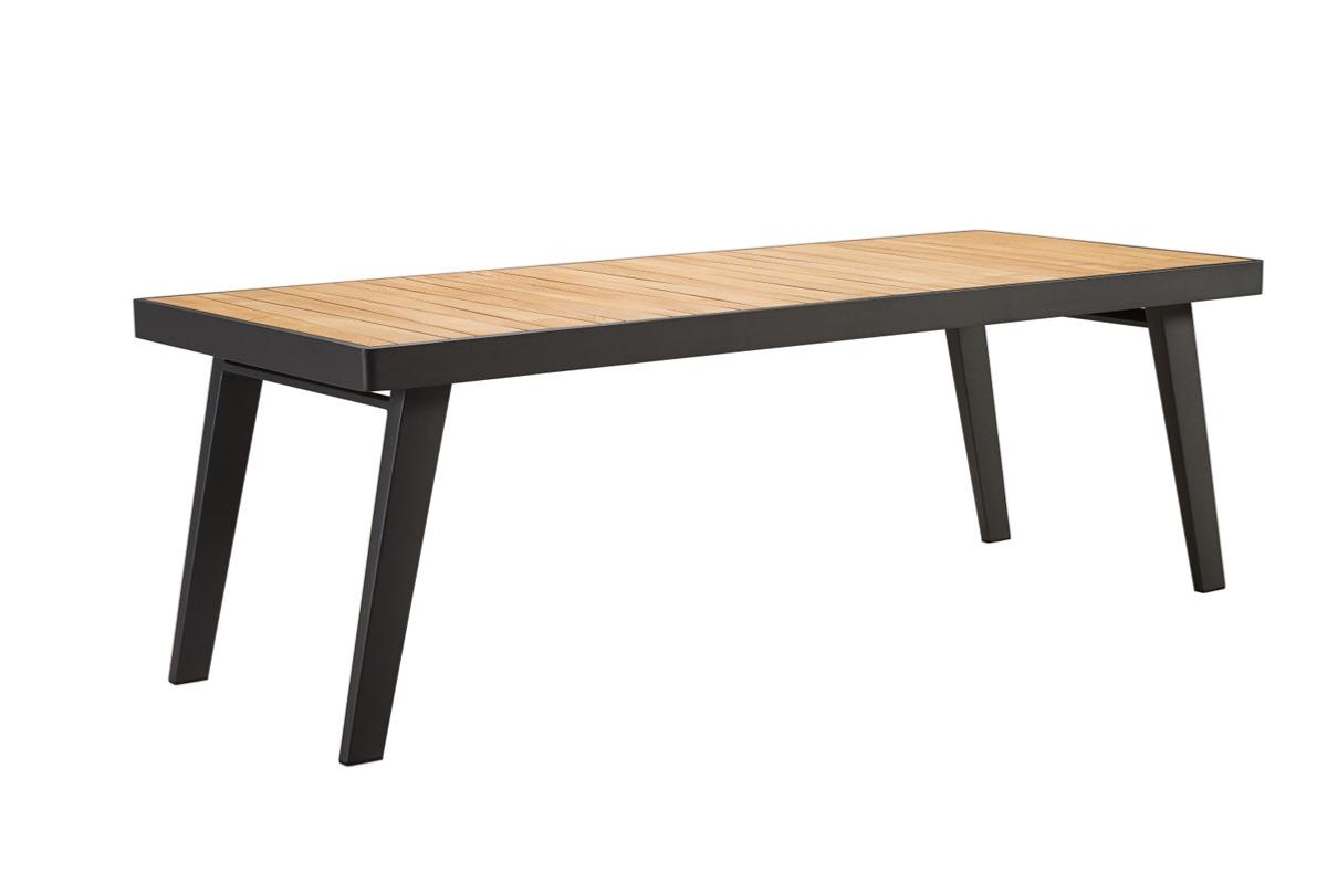 Coffee table from the Lovy Cosy black aluminum outdoor sectional with solid teak armrests – another view