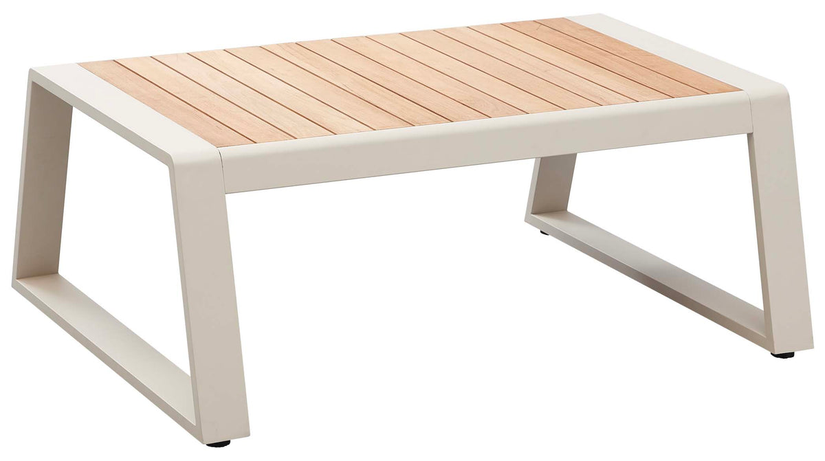 Exy Mini beige aluminum patio loveseat set with teak coffee table – another view