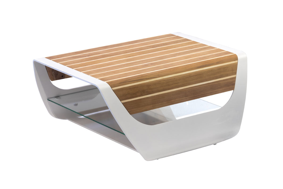 Onda white aluminum pool lounger with teak side table – another view (2)